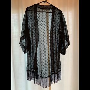 Cejon Black Dotted Kimono with Fringe